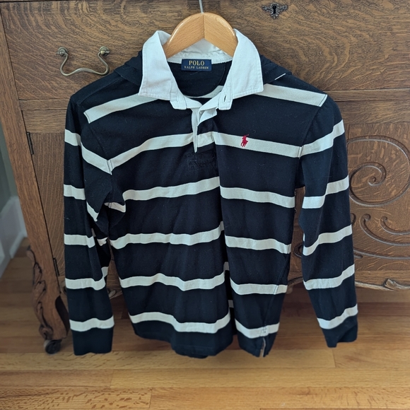 Polo Ralph Lauren Tops - Polo Ralph Lauren Striped Rugby shirt Size women's M? black/white hooded